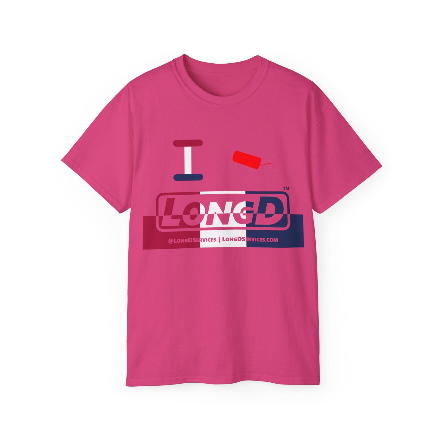 I Firecracker LongD® Logo Cotton Tee Red, White and Blue positive top negative bottom split thirds text
