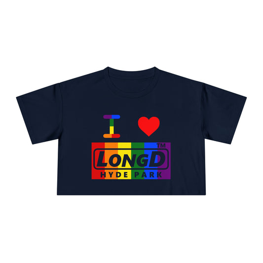 I Luv LongD negative vertical 6-striped Hyde Park logo crop tee (Pride colors)