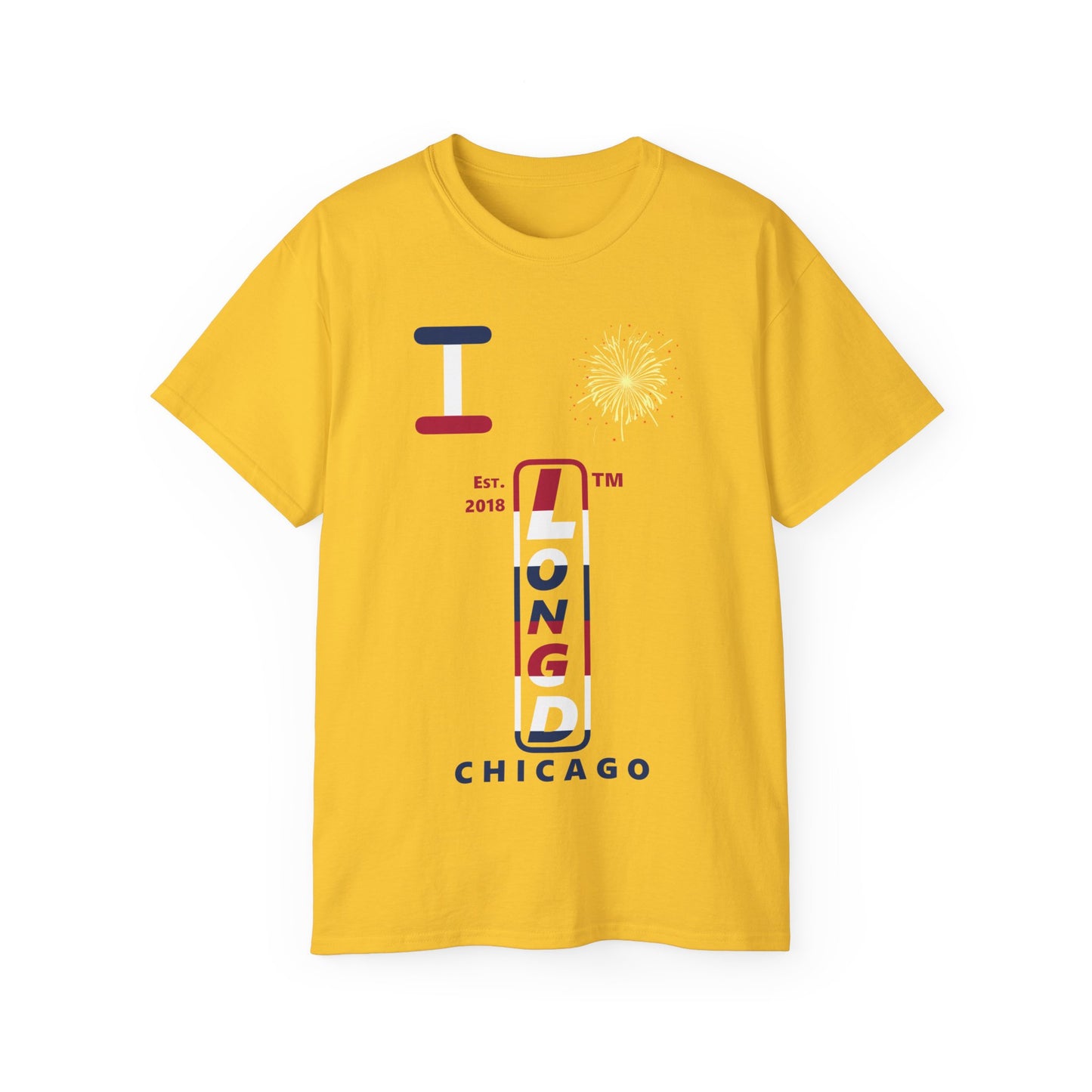 I Burst LongD cotton tee positive horizontal 6-striped Chicago upright logo (Patriotic colors)