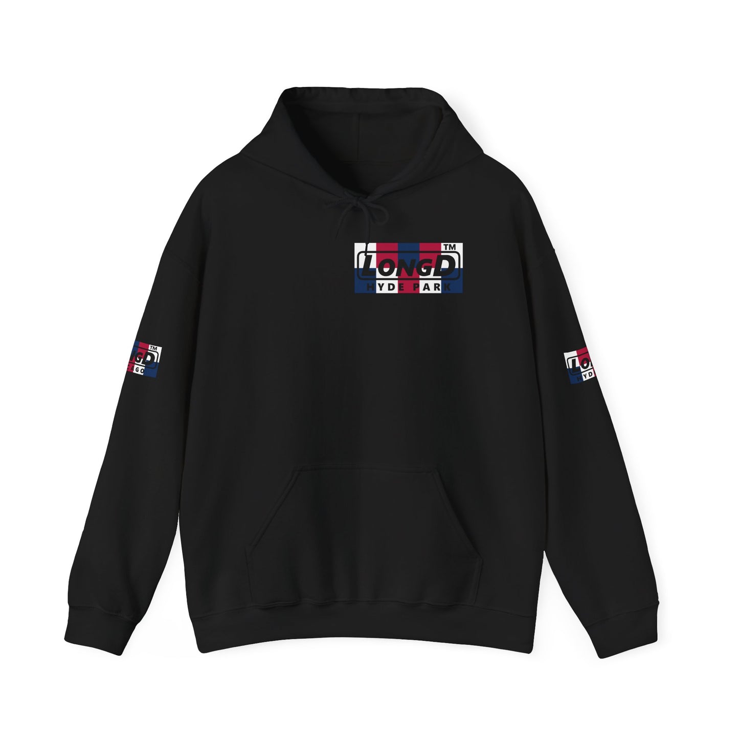 LongD® negative 2x5 4-print single breasted Hyde Park logo hoodie (patriotic colors)