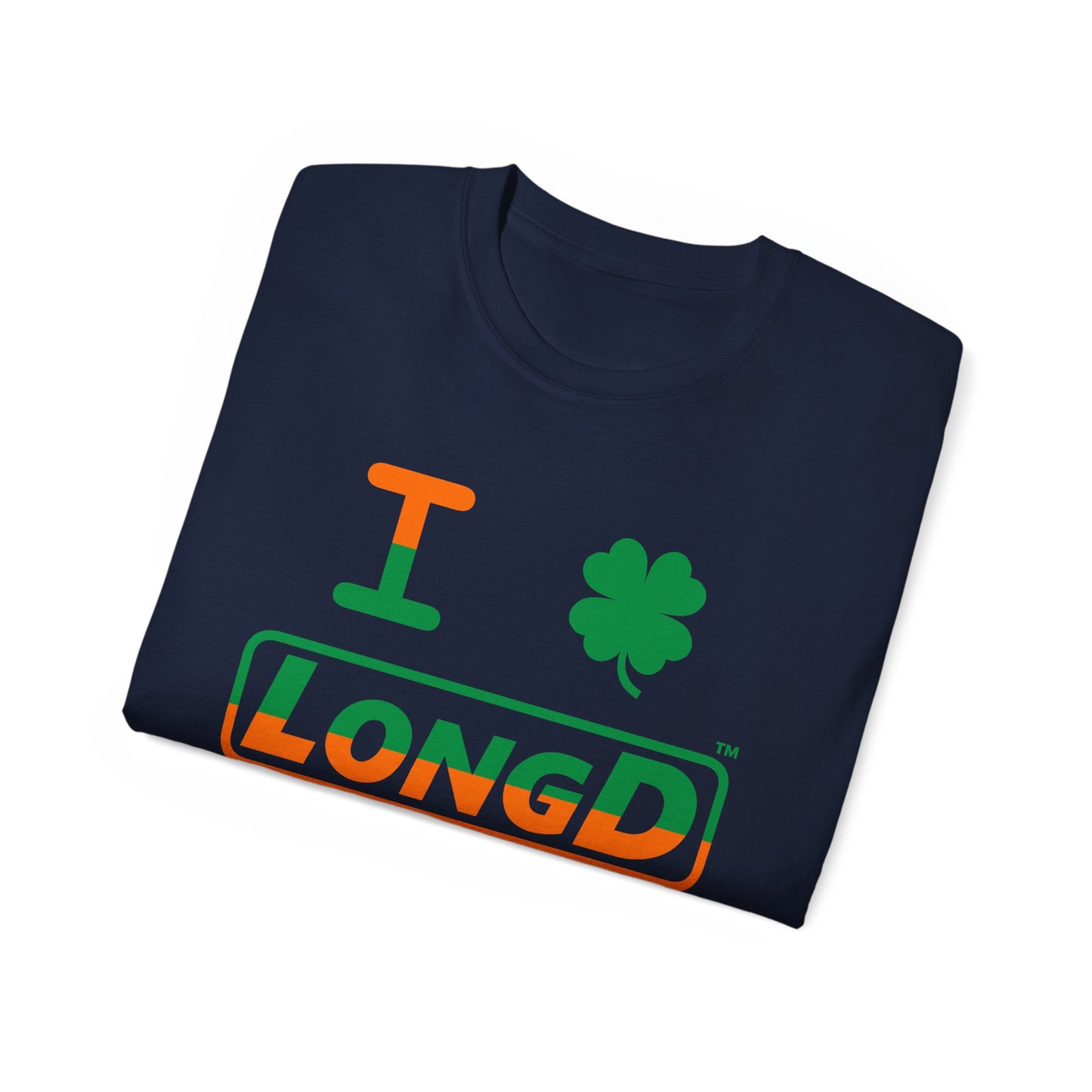I Clover LongD® Logo Cotton Tee (St. Patrick's Day -Irish Green and Irish Orange top-bottom split with 4-leaf clover)