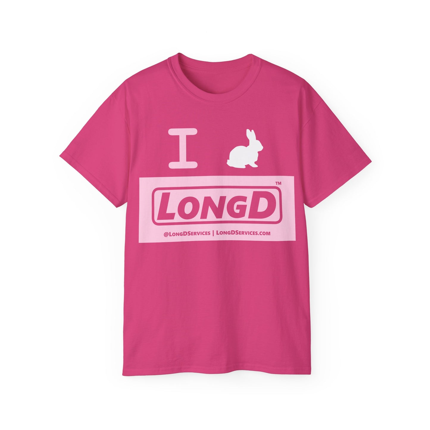 I Bunny LongD® Logo Cotton Tee Easter pastel pink negative text (white Easter Bunny)