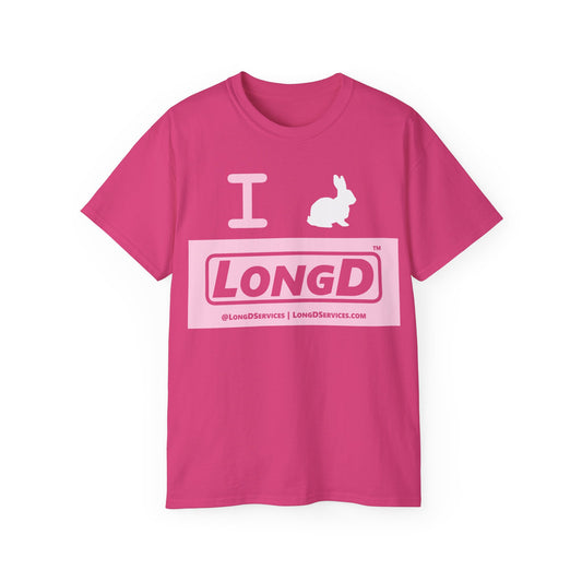I Bunny LongD® Logo Cotton Tee Easter pastel pink negative text (white Easter Bunny)