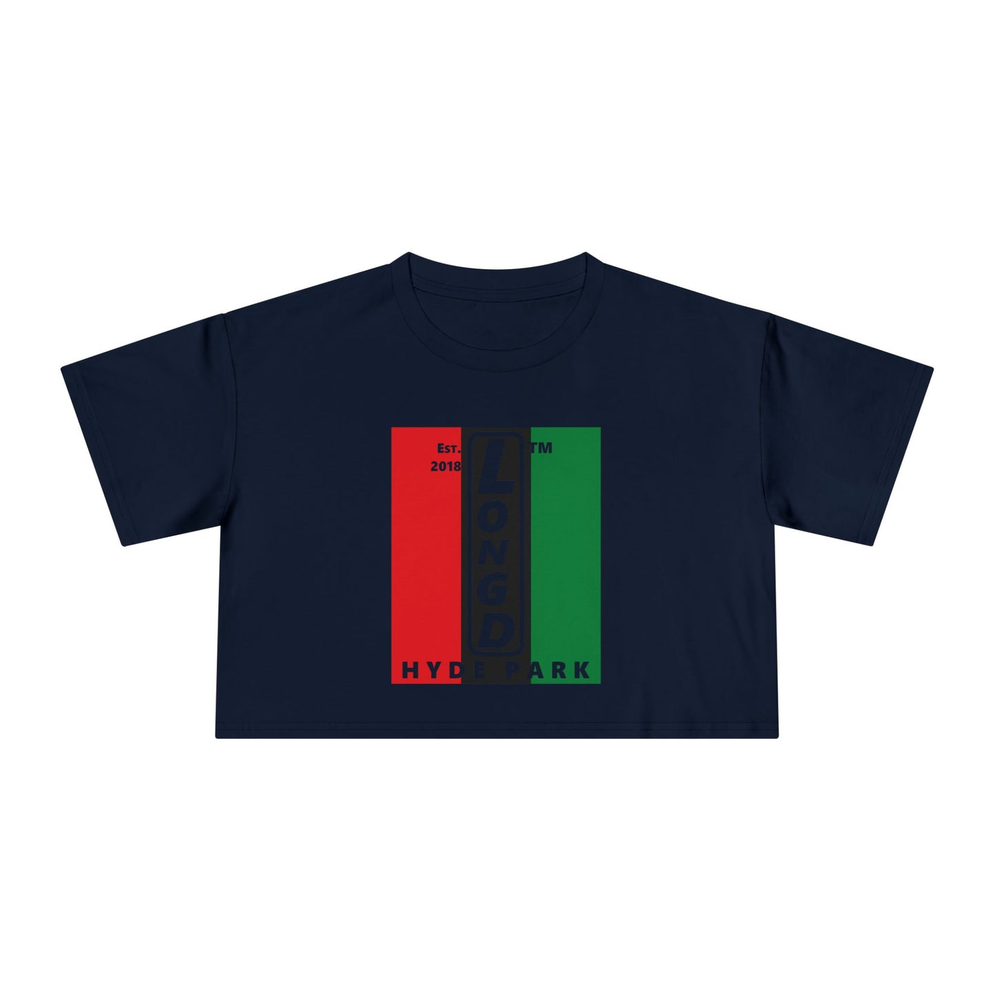 Negative vertical 3-striped upright front-back Hyde Park logo crop tee (Juneteenth colors)