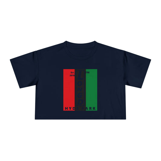 Negative vertical 3-striped upright front-back Hyde Park logo crop tee (Juneteenth colors)