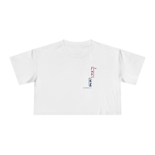 Positive quarters upright single-breasted tag-domain logo crop tee (Patriotic colors)