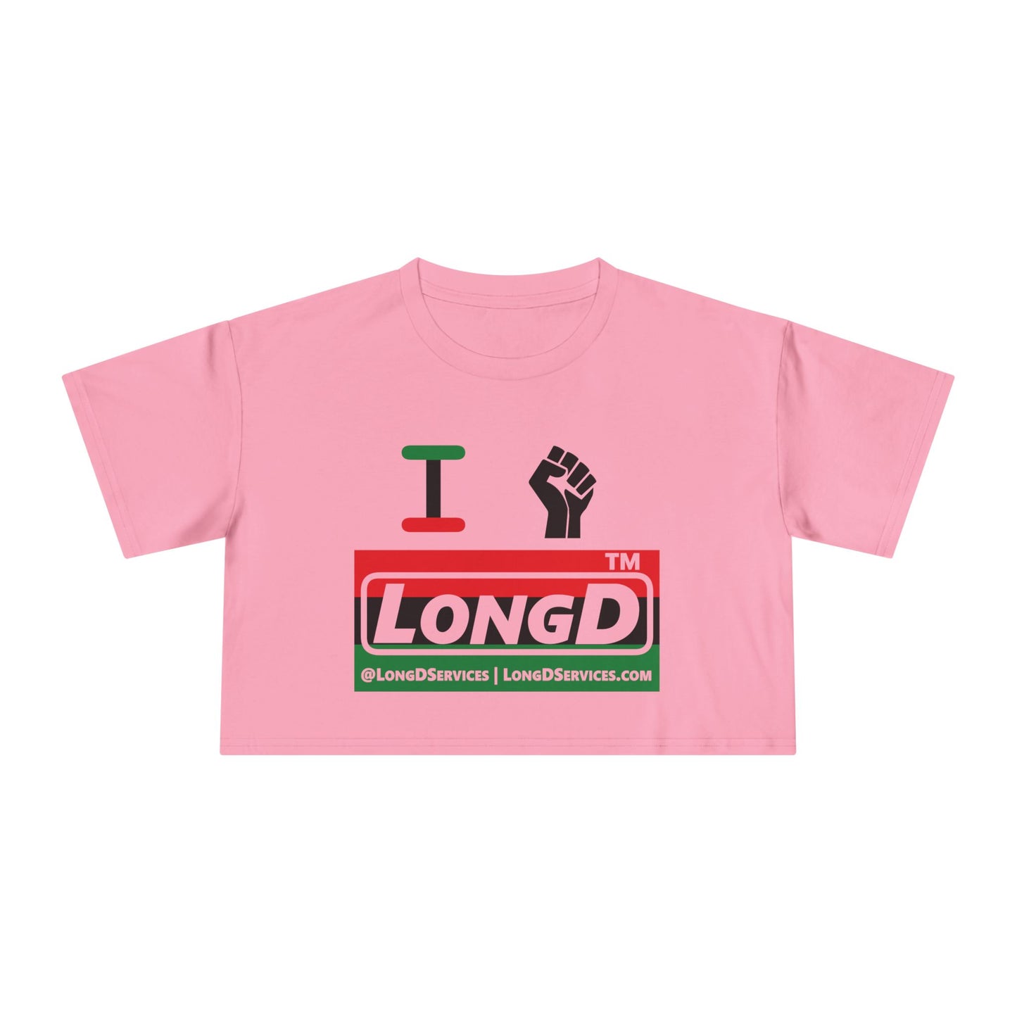 I fist LongD negative horizontal 3-striped tag-domain logo crop tee