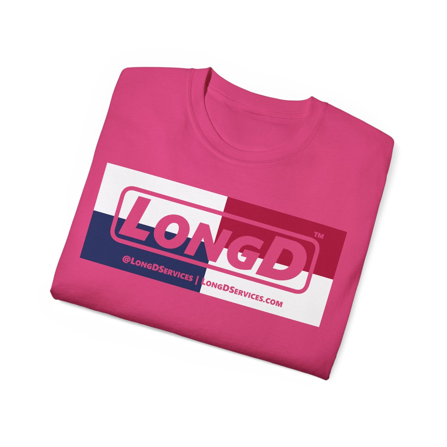 LongD® Logo Cotton Tee Red, White and Blue negative quarters text