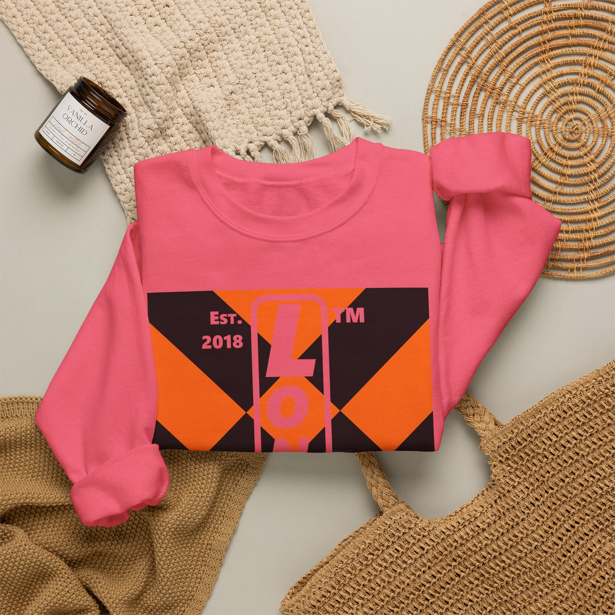 LongD Hyde Park negative upright mixed argyle logo (Halloween colors) crewneck sweatshirt