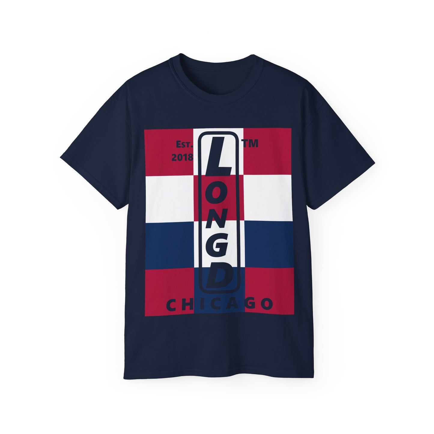 LongD cotton tee negative 4x3 Chicago upright logo (Patriotic colors)