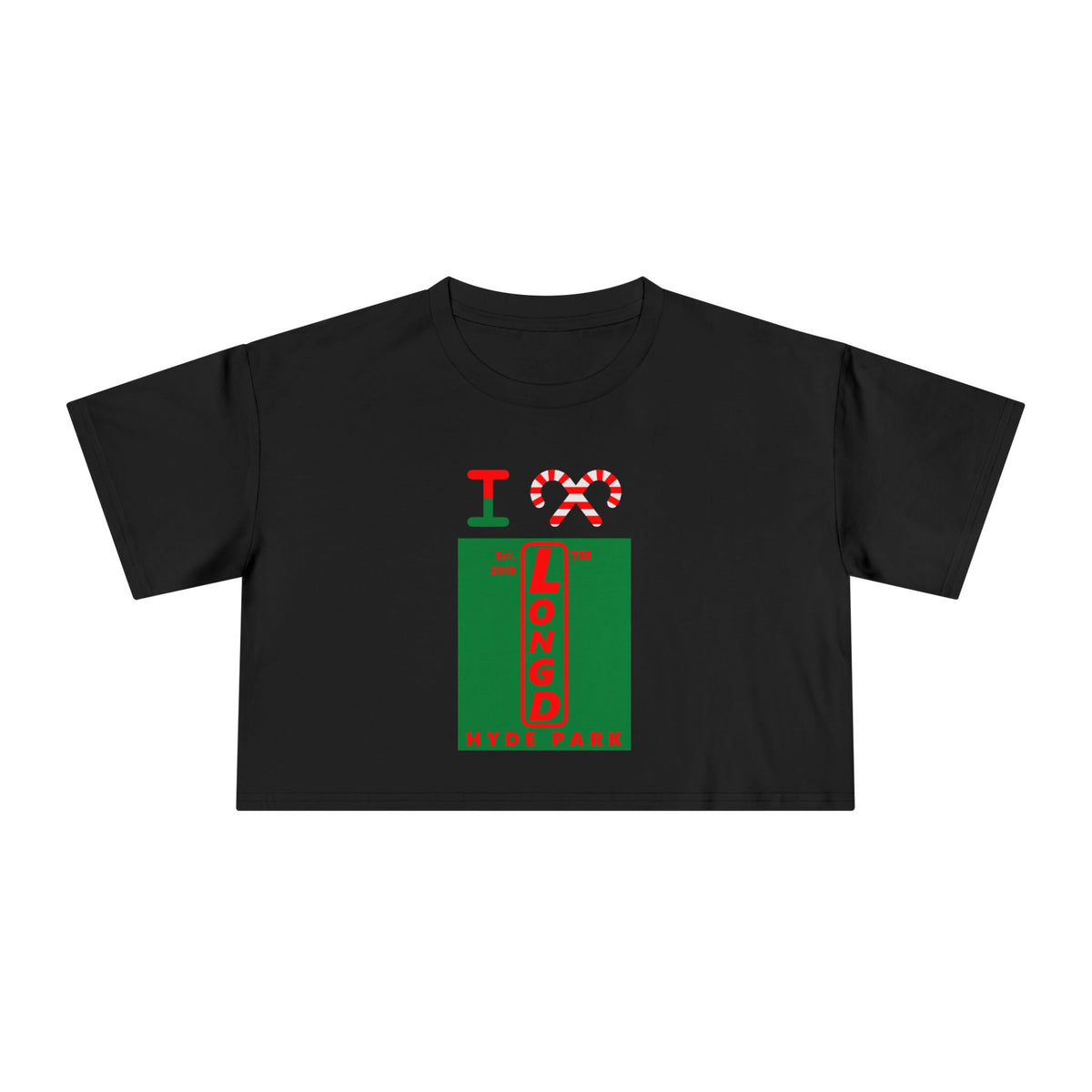 I candy cane LongD Hyde Park upright front-back logo positive red on negative green crop tee