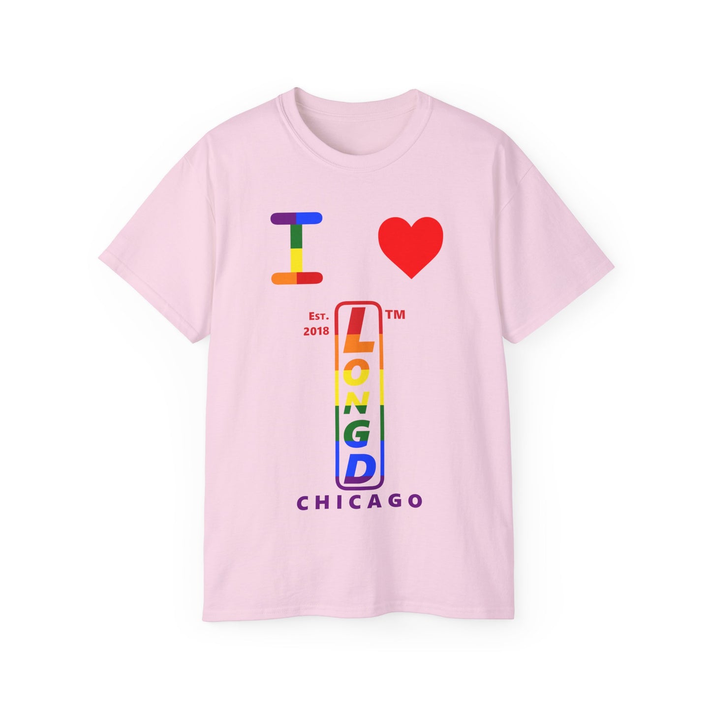 I Luv LongD Cotton Tee positive horizontal striped Chicago upright logo (Pride colors)