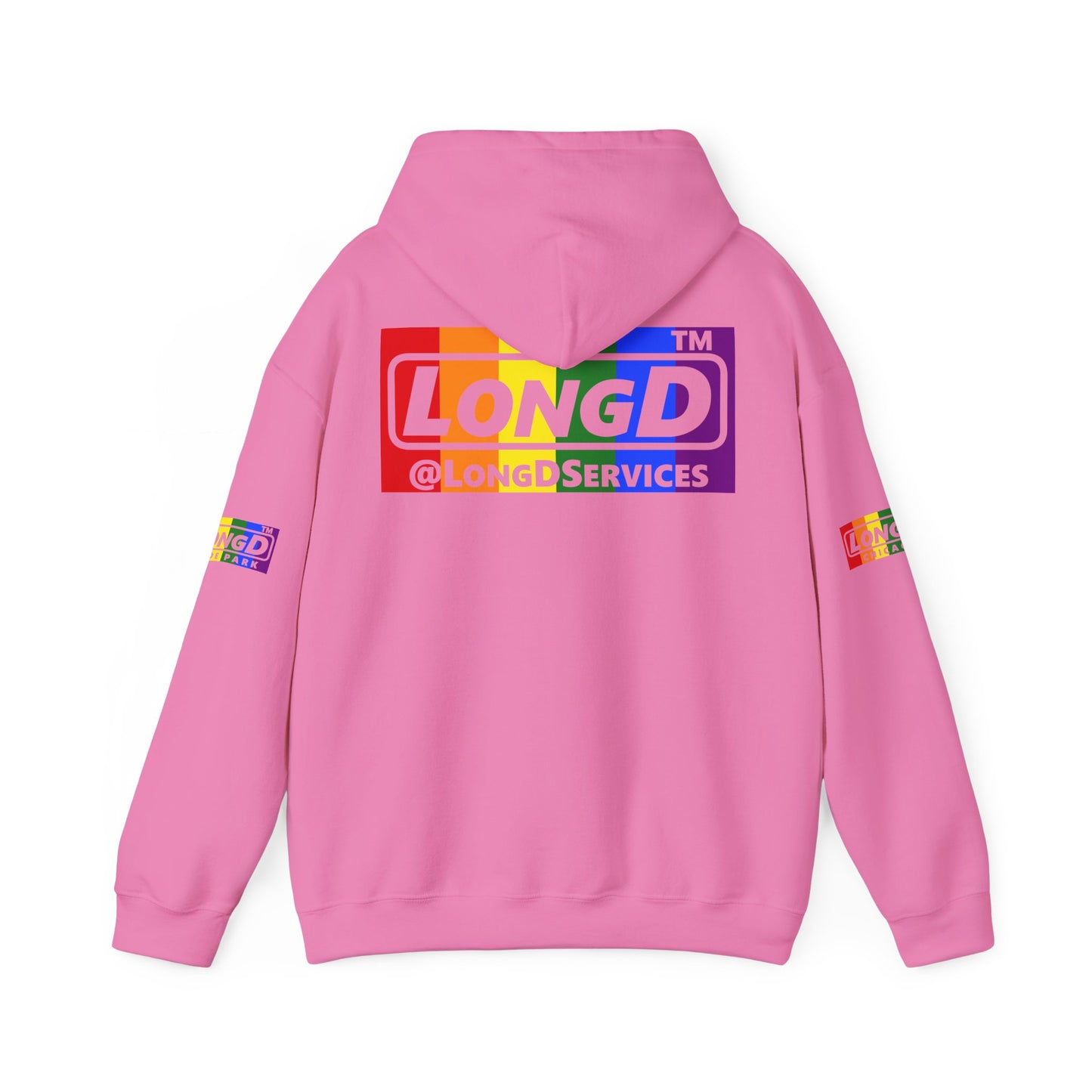 LongD® negative vertical striped 4-print Hyde Park logo hoodie (Pride colors)