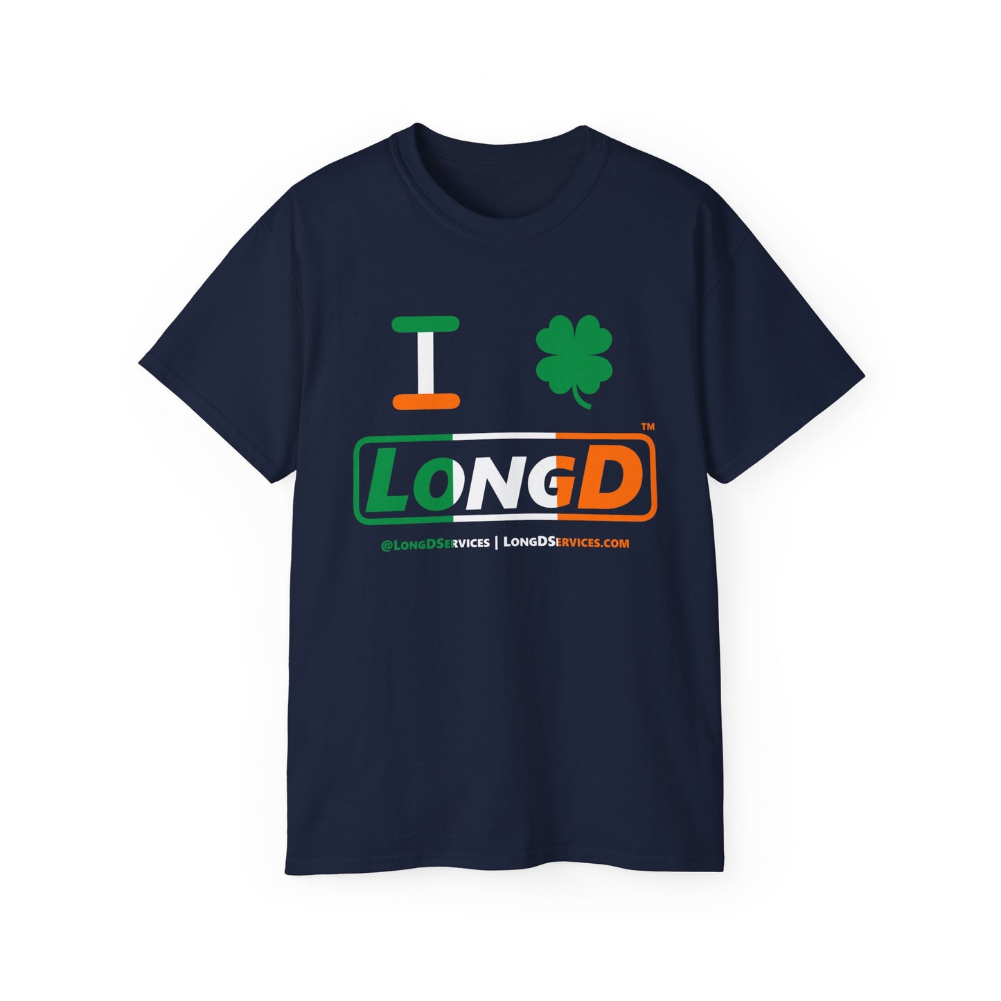 I Clover LongD® Logo Cotton Tee (St. Patrick's Day -Irish Green, White and Irish Orange thirds with 4-leaf clover)
