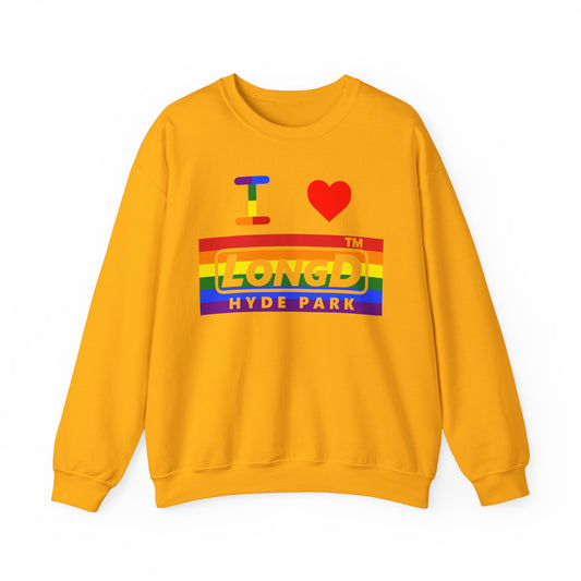 I Luv LongD negative horizontal striped Hyde Park logo crewneck sweatshirt (Pride colors)
