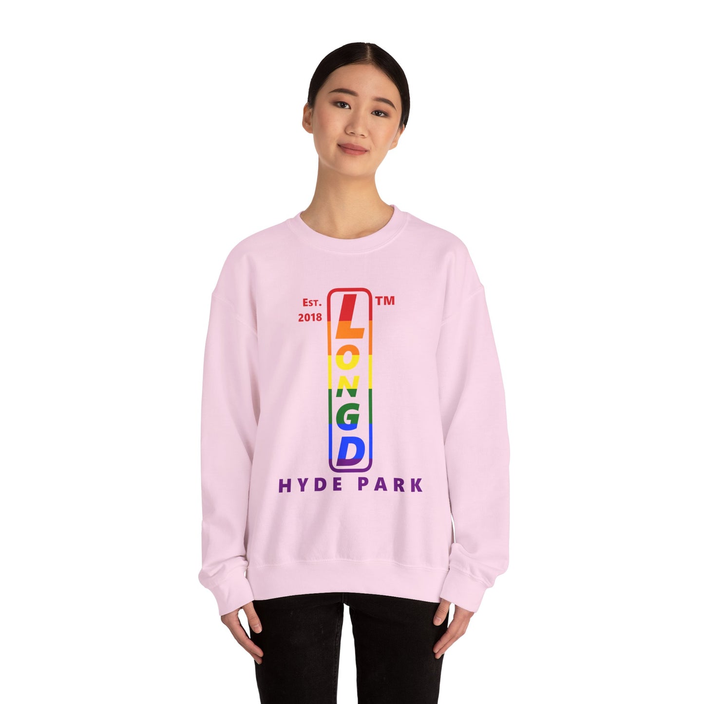 LongD positive horizontal 6-striped Hyde Park upright logo crewneck sweatshirt (Pride colors)