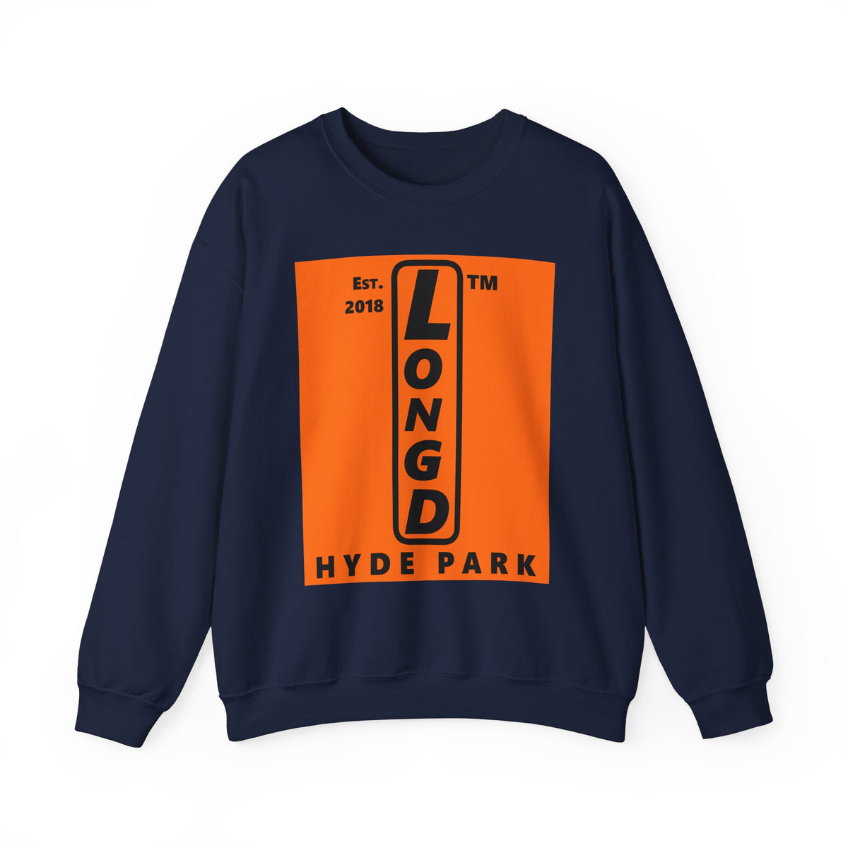LongD Hyde Park upright logo Black (000000) on orange (FE7518) (Halloween colors) crewneck sweatshirt
