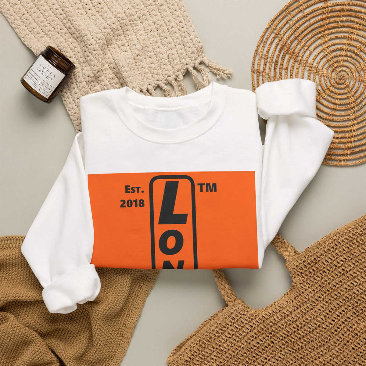 LongD Hyde Park upright logo Black (000000) on orange (FE7518) (Halloween colors) crewneck sweatshirt