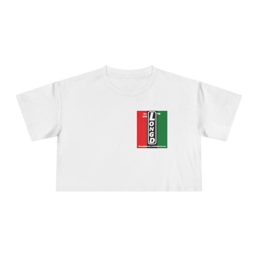 Negative vertical 3-striped upright single-breasted tag-domain logo crop tee (Juneteenth colors)