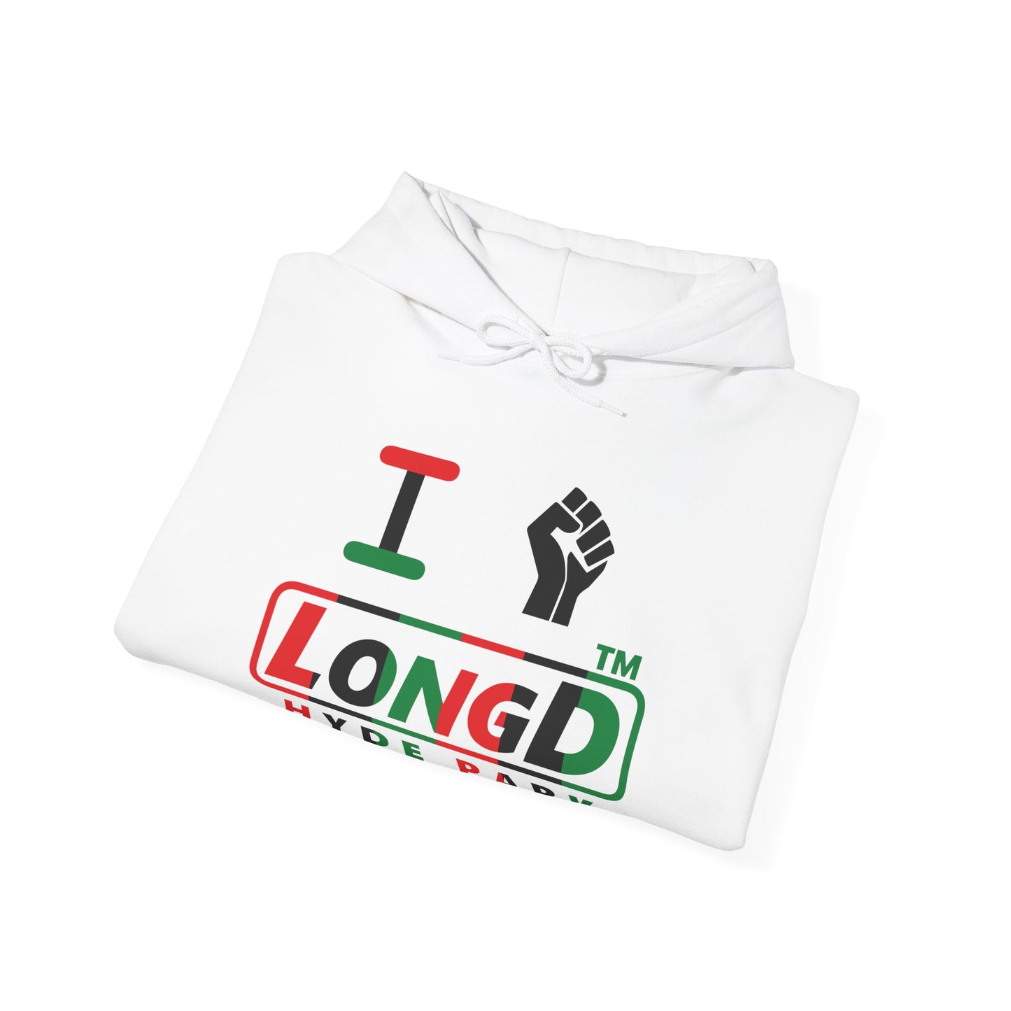 I fist LongD® positive vertical 6-striped Hyde Park logo Hoodie (Juneteenth colors)