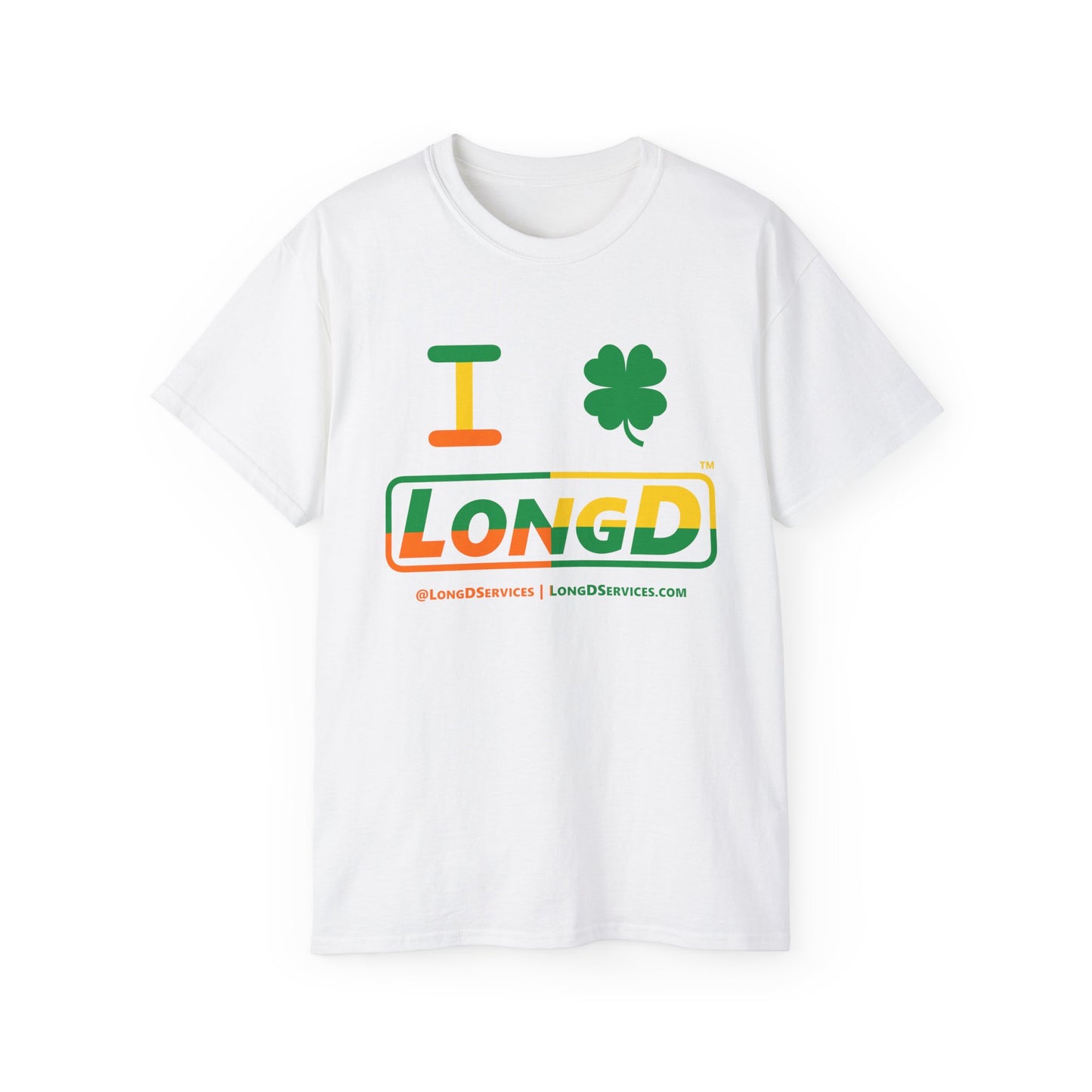 I Clover LongD® Logo Cotton Tee (St. Patrick's Day -Irish Green, Golden Yellow and Irish Orange quarters with 4-leaf clover)