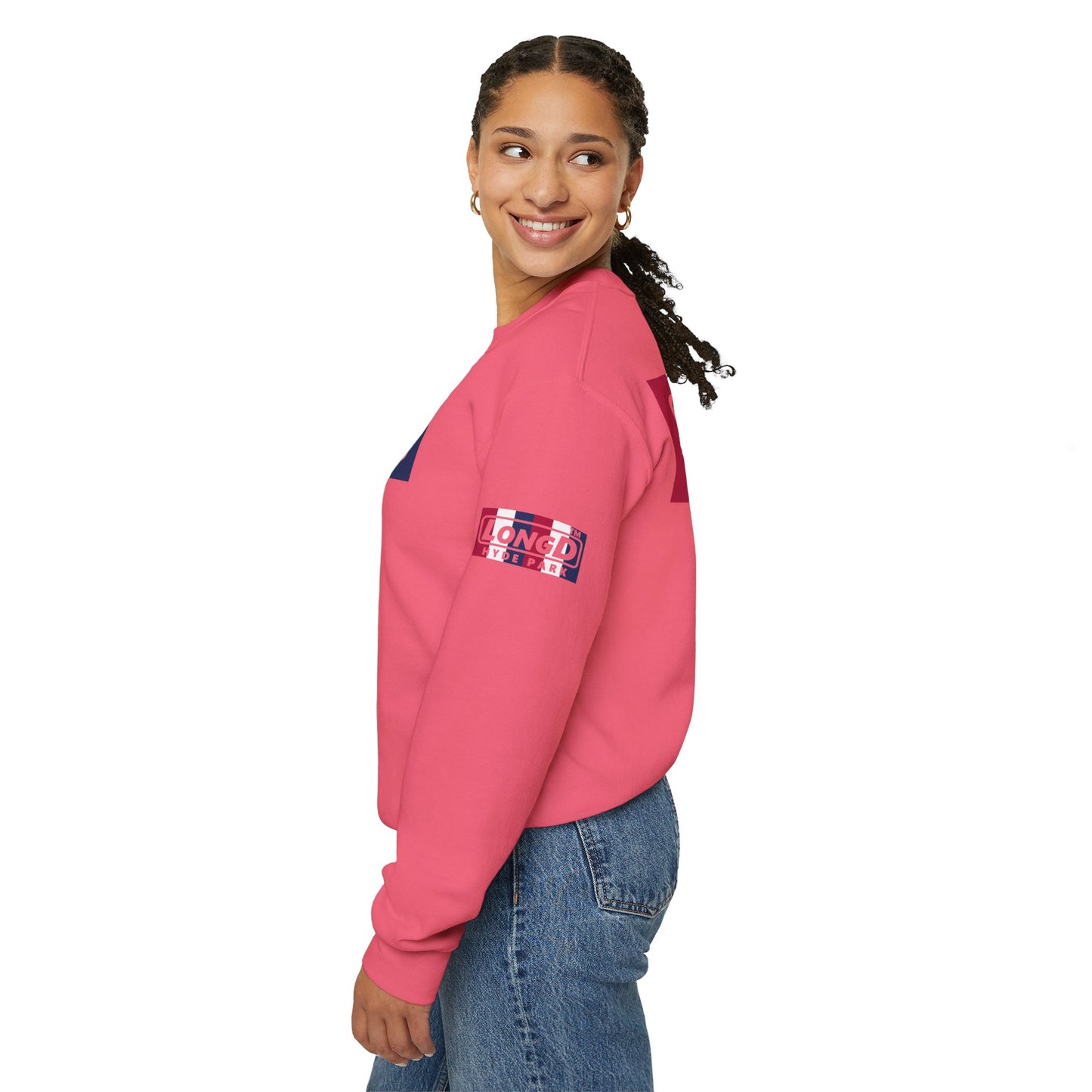 LongD negative vertical 6-striped 4-print single-breasted Chicago logo crewneck sweatshirt (patriotic colors)
