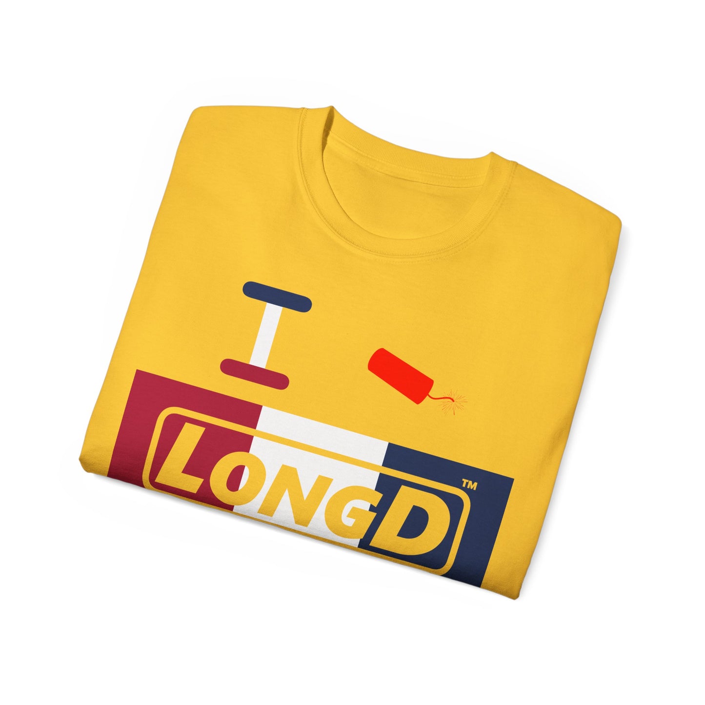 I Firecracker LongD® Logo Cotton Tee Red, White and Blue negative thirds text