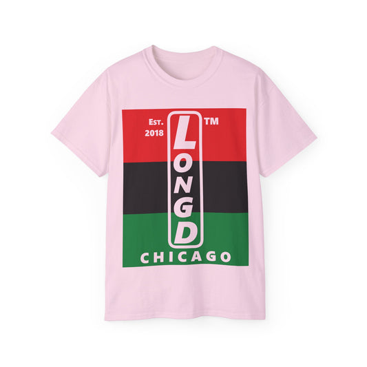 LongD Cotton Tee negative horizontal striped Chicago upright logo (Juneteenth colors)