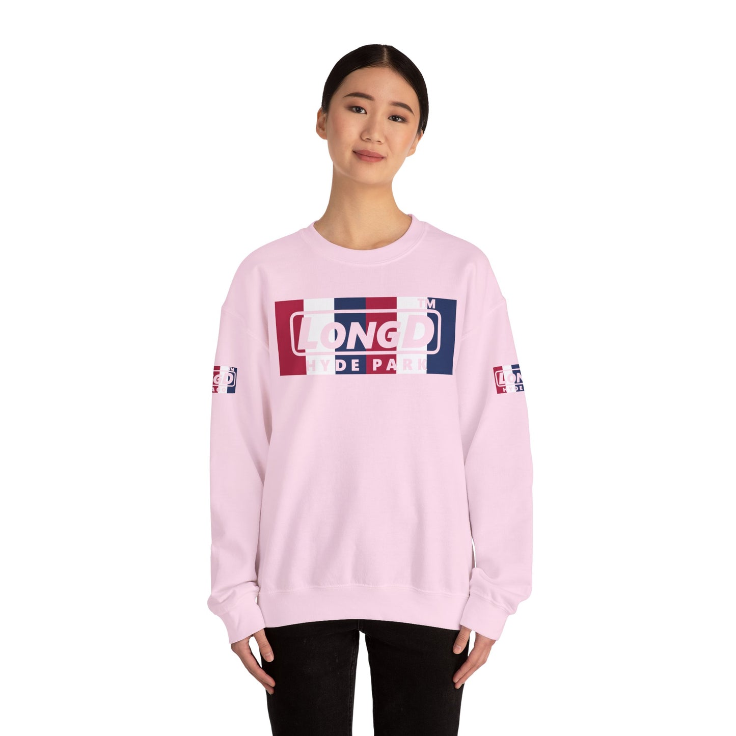 LongD negative vertical 6-striped 4-print double-breasted Hyde Park logo crewneck sweatshirt (patriotic colors)
