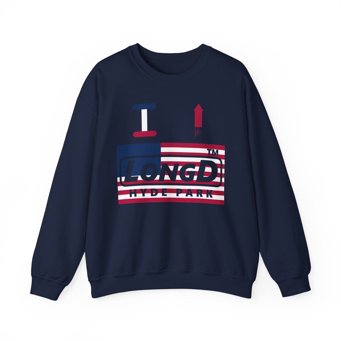 I firecracker LongD negative flag Hyde Park logo crewneck sweatshirt
