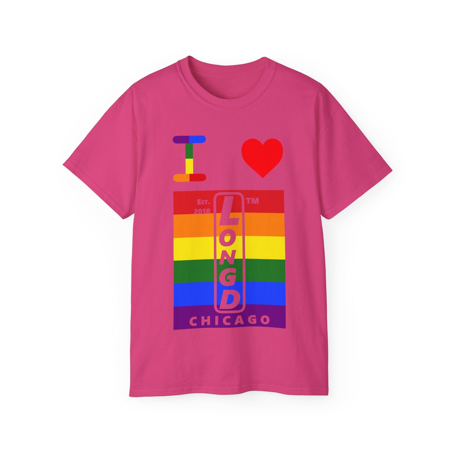I Luv LongD Cotton Tee negative horizontal striped Chicago upright logo (Pride colors)