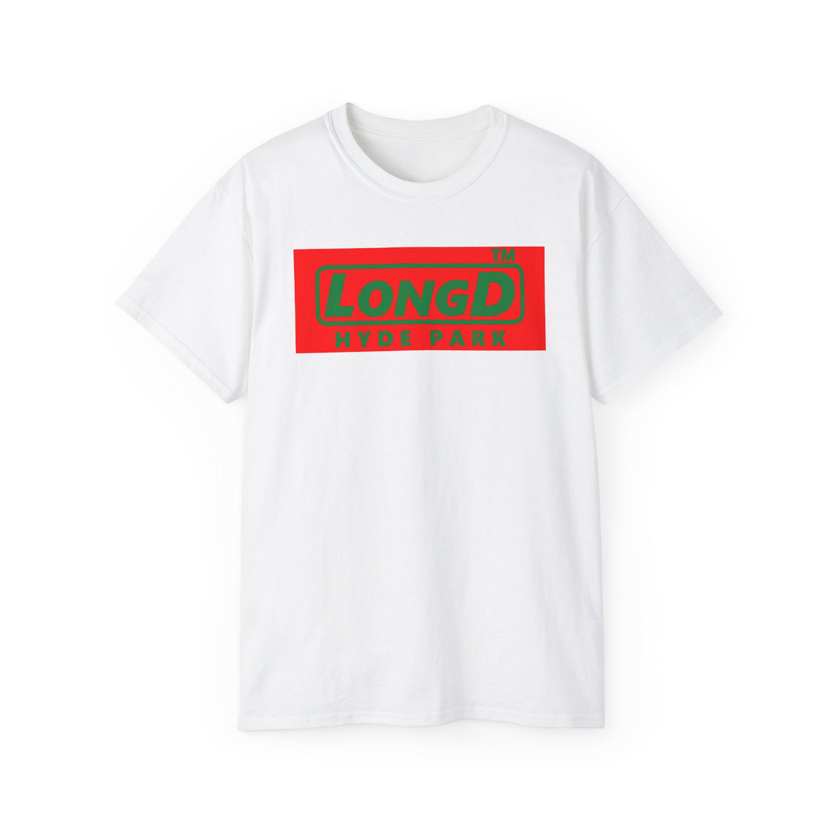 LongD Hyde Park logo positive green on negative red (Xmas colors) cotton tee