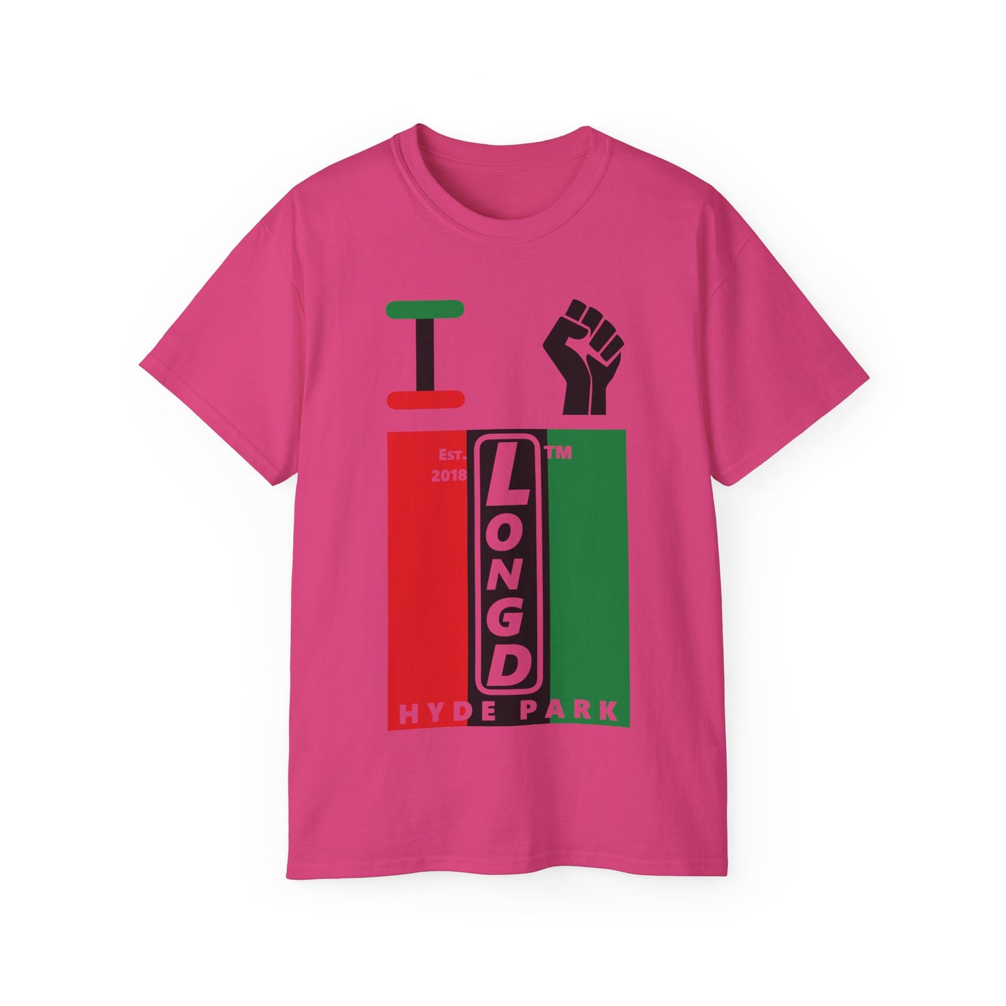 I fist LongD Cotton Tee negative vertical striped Hyde Park upright logo (Juneteenth colors)