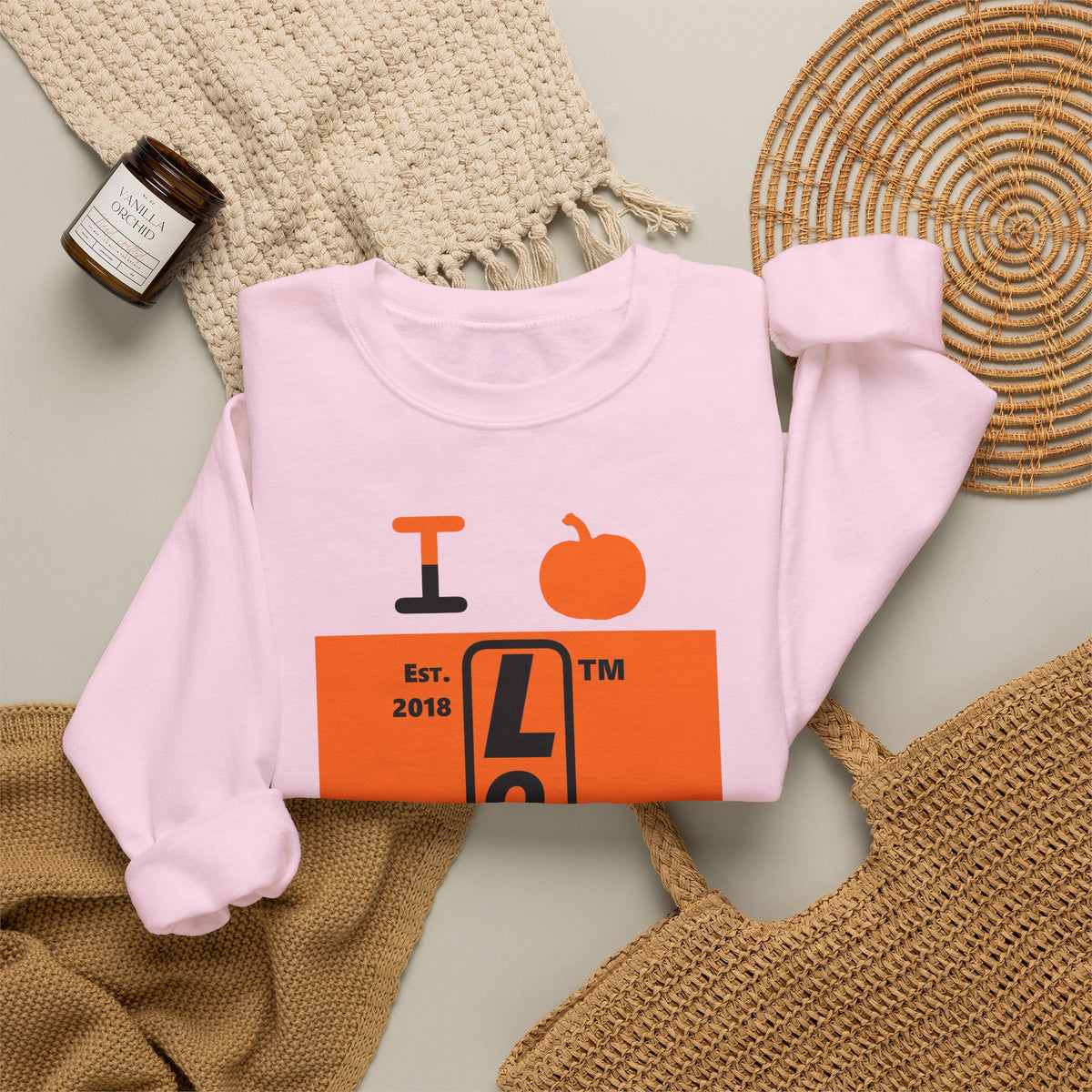 I pumpkin LongD Hyde Park upright logo positive black on negative orange crewneck sweatshirt