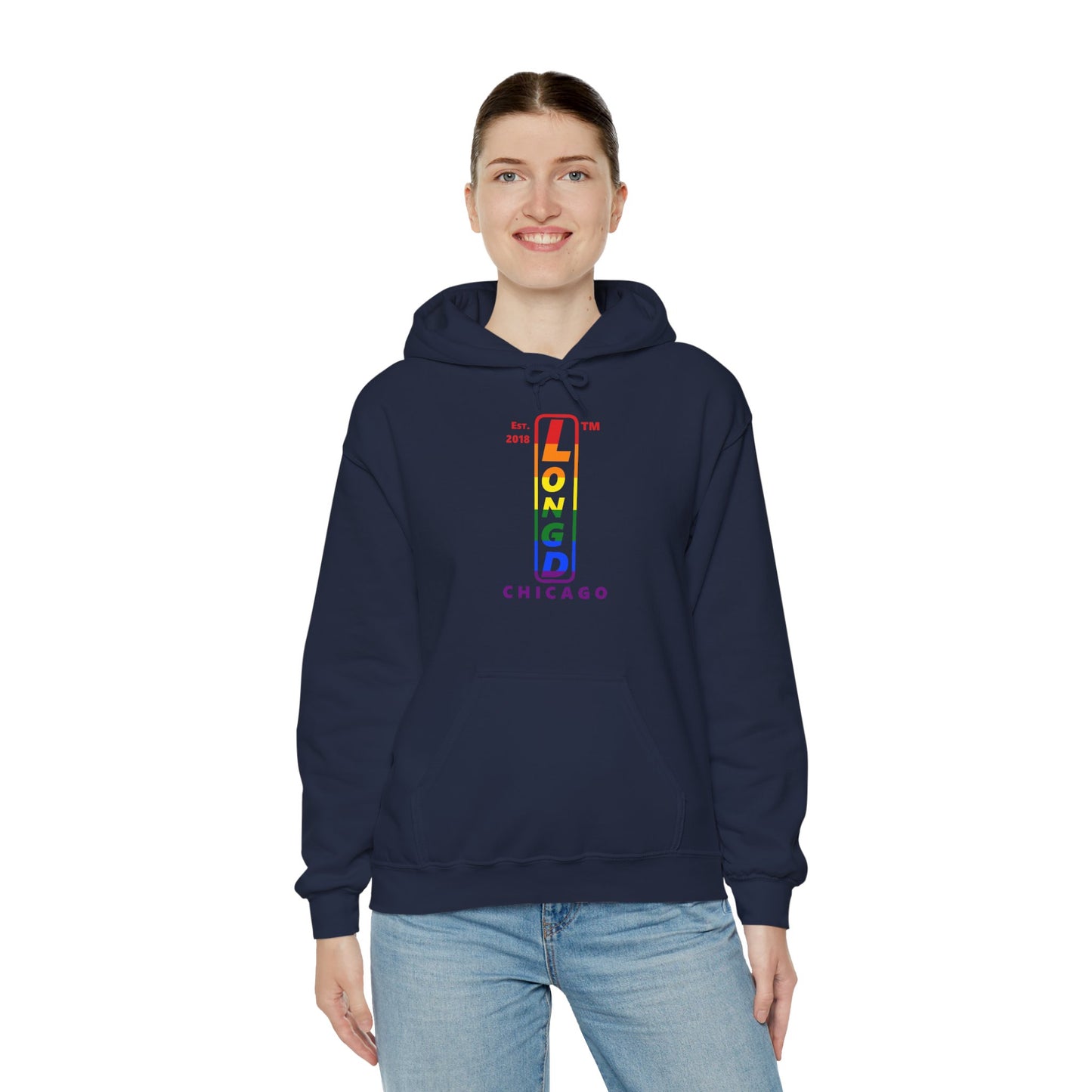 LongD® positive horizontal 6-striped Chicago logo hoodie (Pride colors)