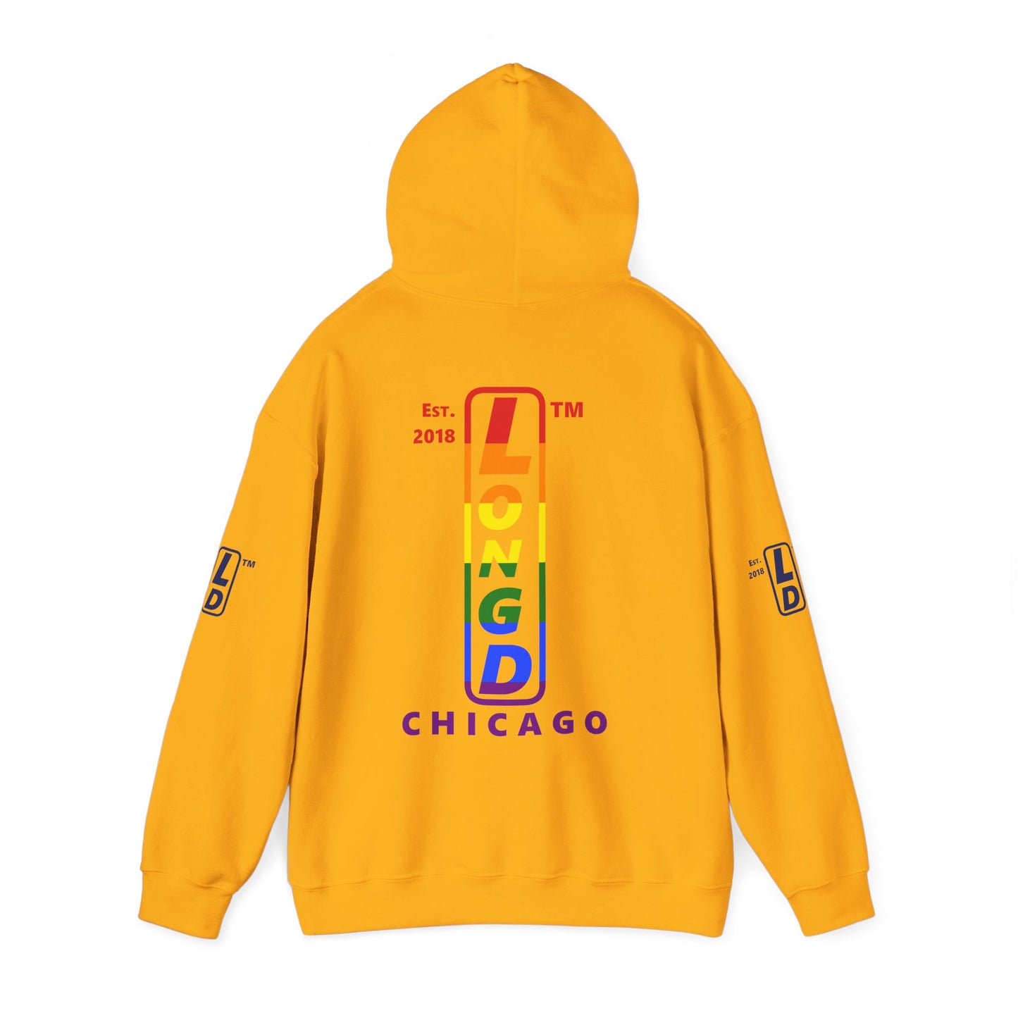 LongD® positive horizontal 6-striped Chicago 4-print upright logo hoodie (Pride colors)