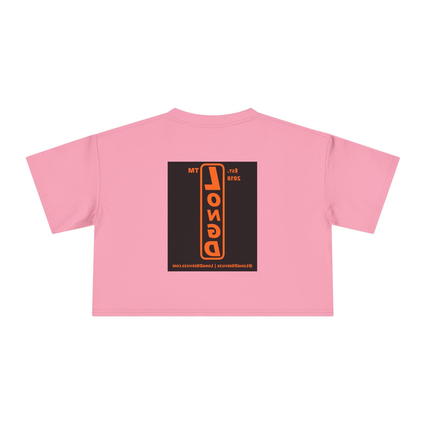LongD Tag-domain upright front-back logo orange (FE7518) on Black (000000) crop tee