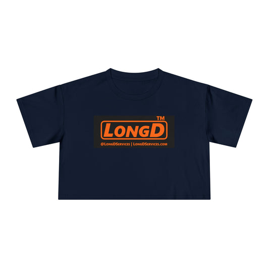 LongD Tag-domain logo positive orange on negative black (Halloween colors) crop tee