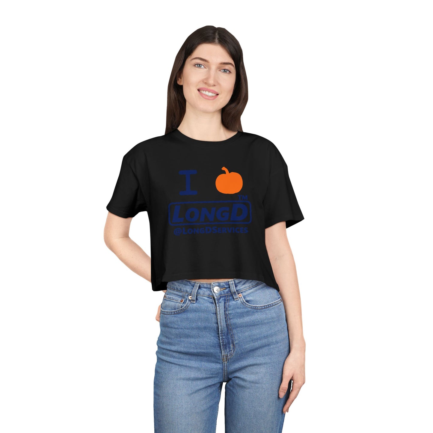 I pumpkin LongD Tag positive basic Navy (002060) front-back logo crop tee