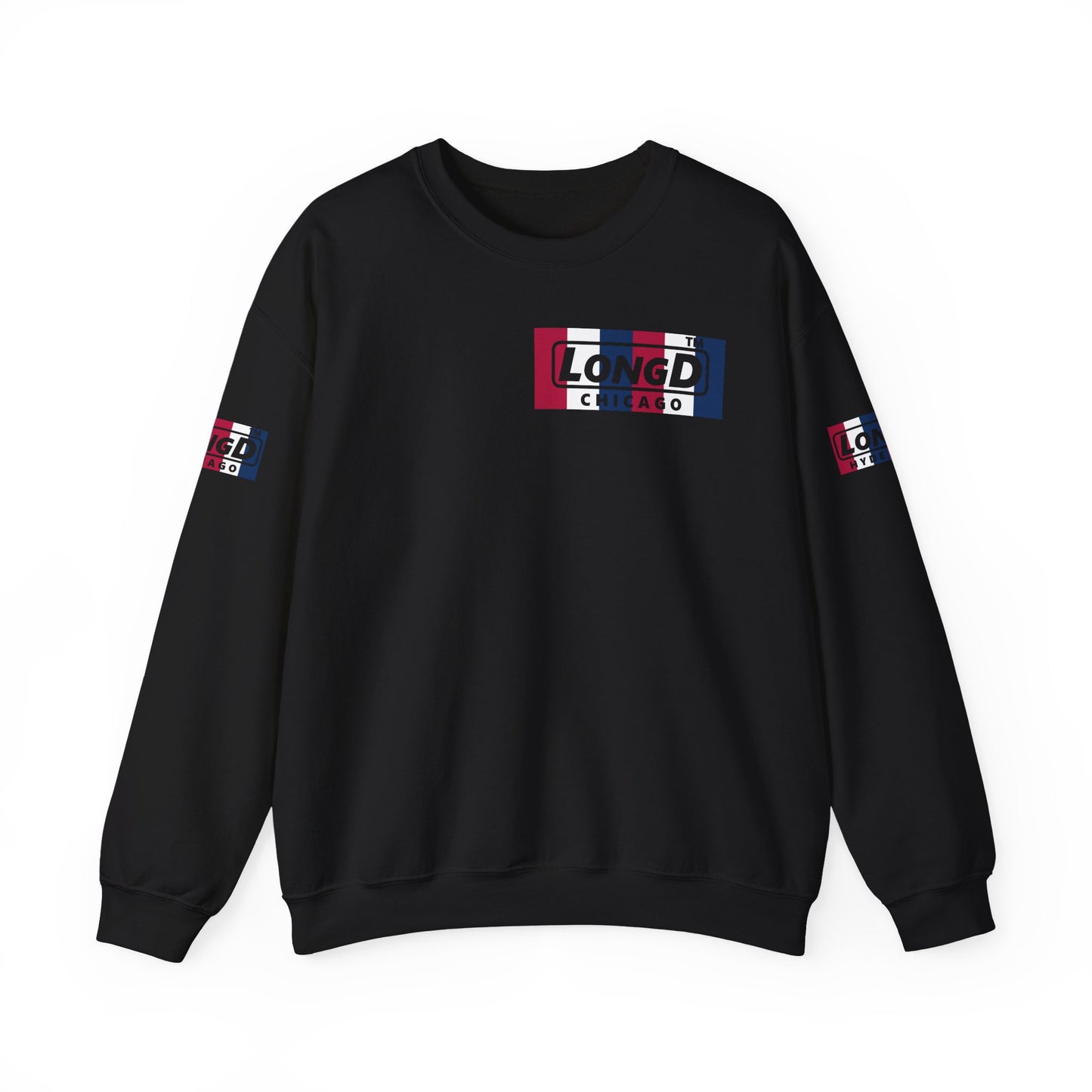 LongD negative vertical 6-striped 4-print single-breasted Chicago logo crewneck sweatshirt (patriotic colors)