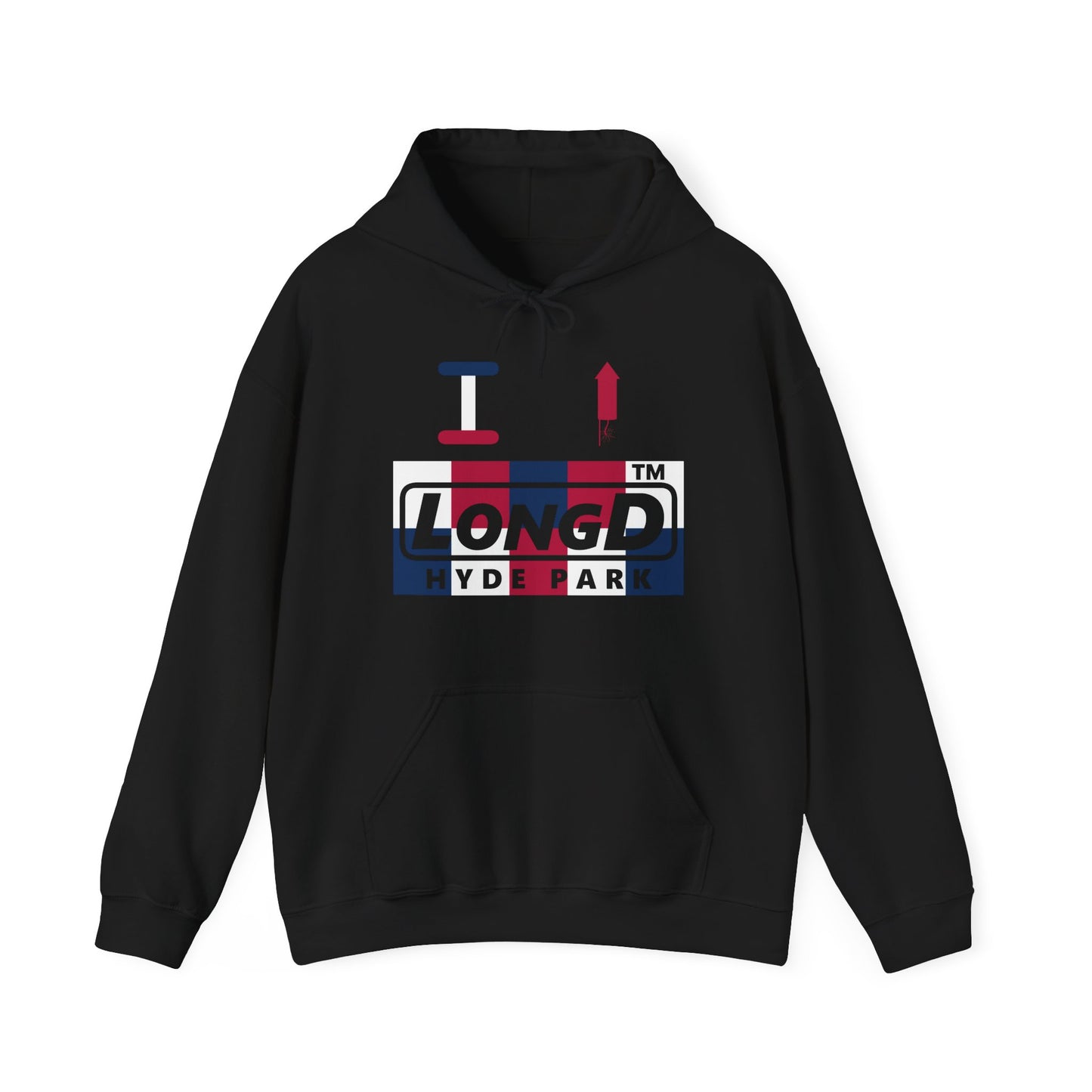 I firecracker LongD® negative 2x5 Hyde Park logo hoodie