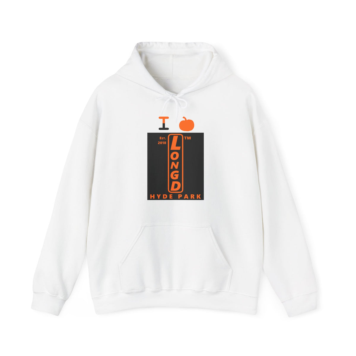 I pumpkin LongD Hyde Park upright logo positive orange on negative black hoodie