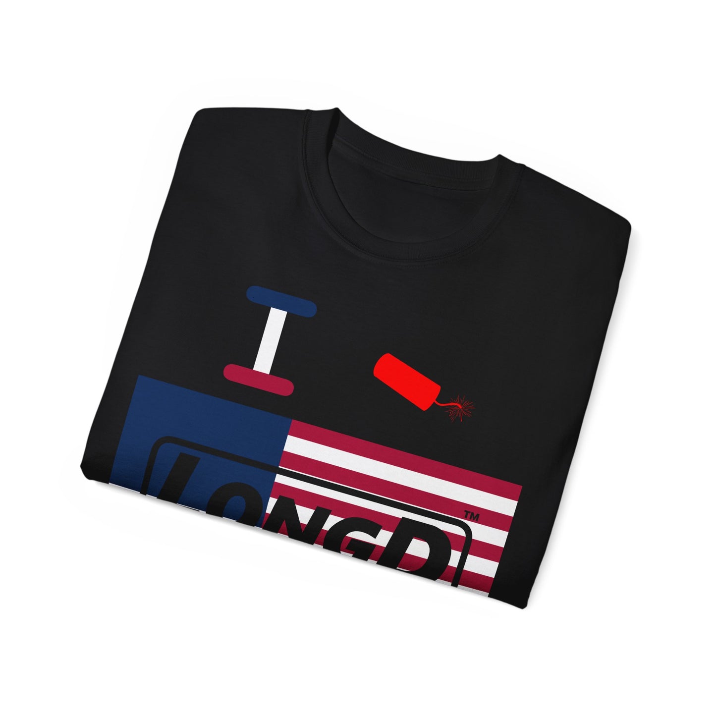 I Firecracker LongD® Logo Cotton Tee Red, White and Blue negative flag text