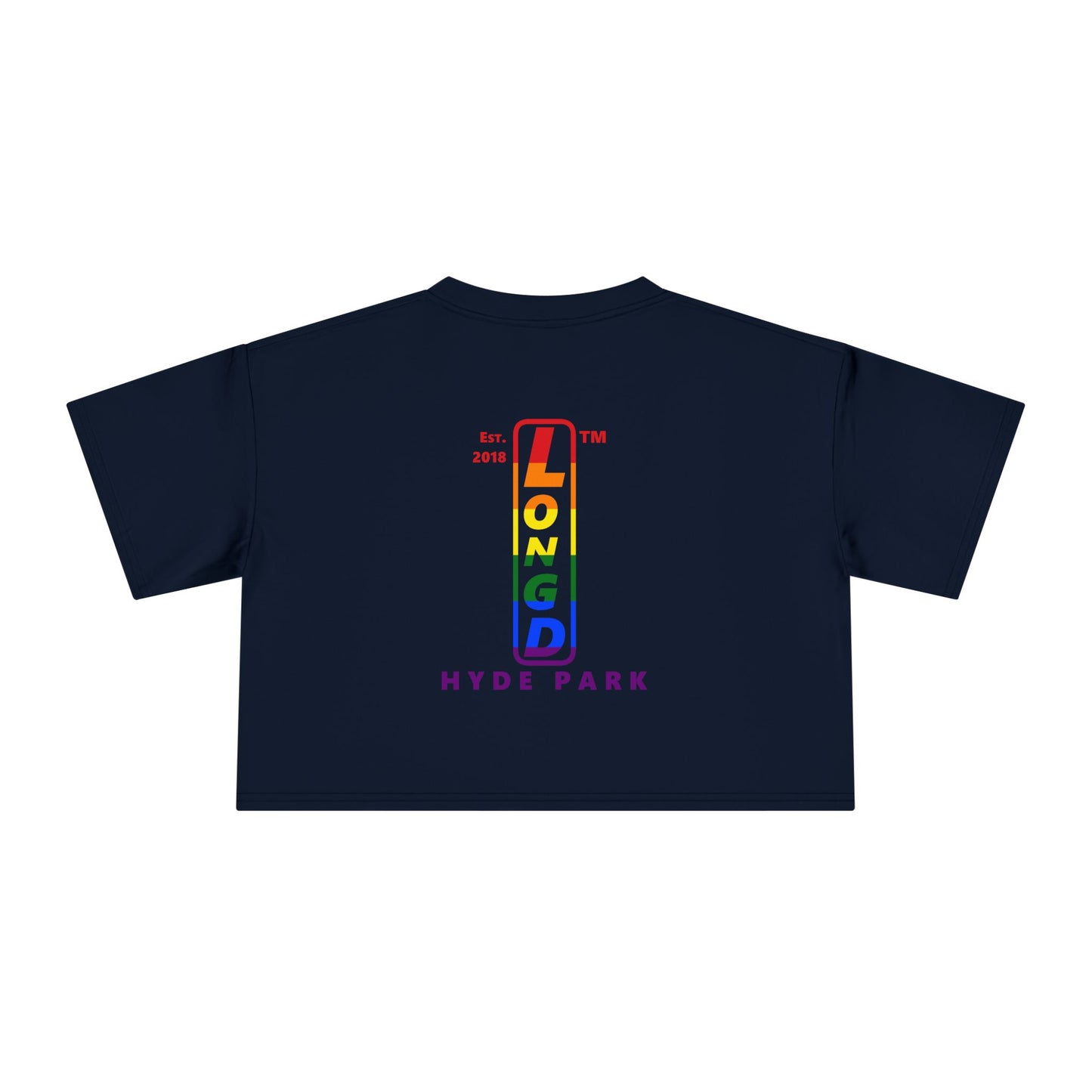 I Luv LongD Mixed horizontal 6-striped upright front-back Hyde Park logo crop tee (Pride colors)