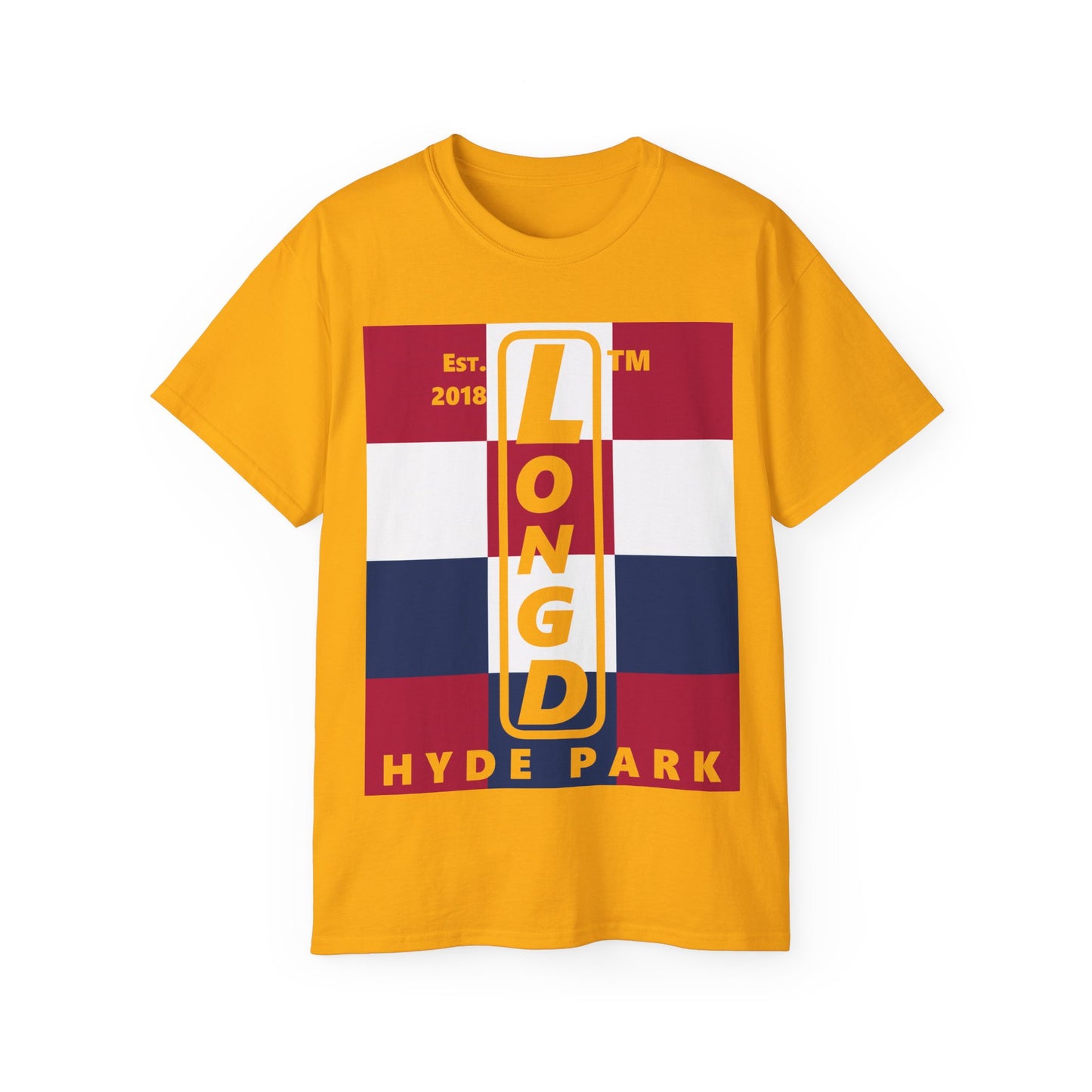 LongD cotton tee negative 4x3 Hyde Park upright logo (Patriotic colors)