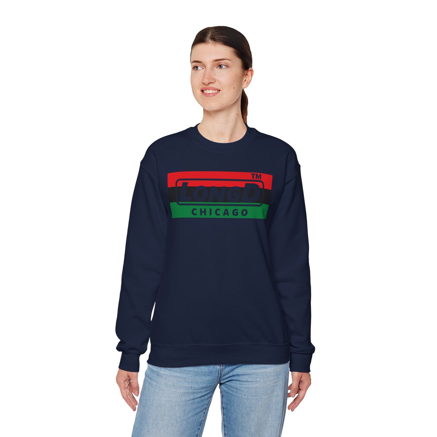 LongD negative horizontal 3-striped Chicago logo crewneck sweatshirt (Juneteenth colors)
