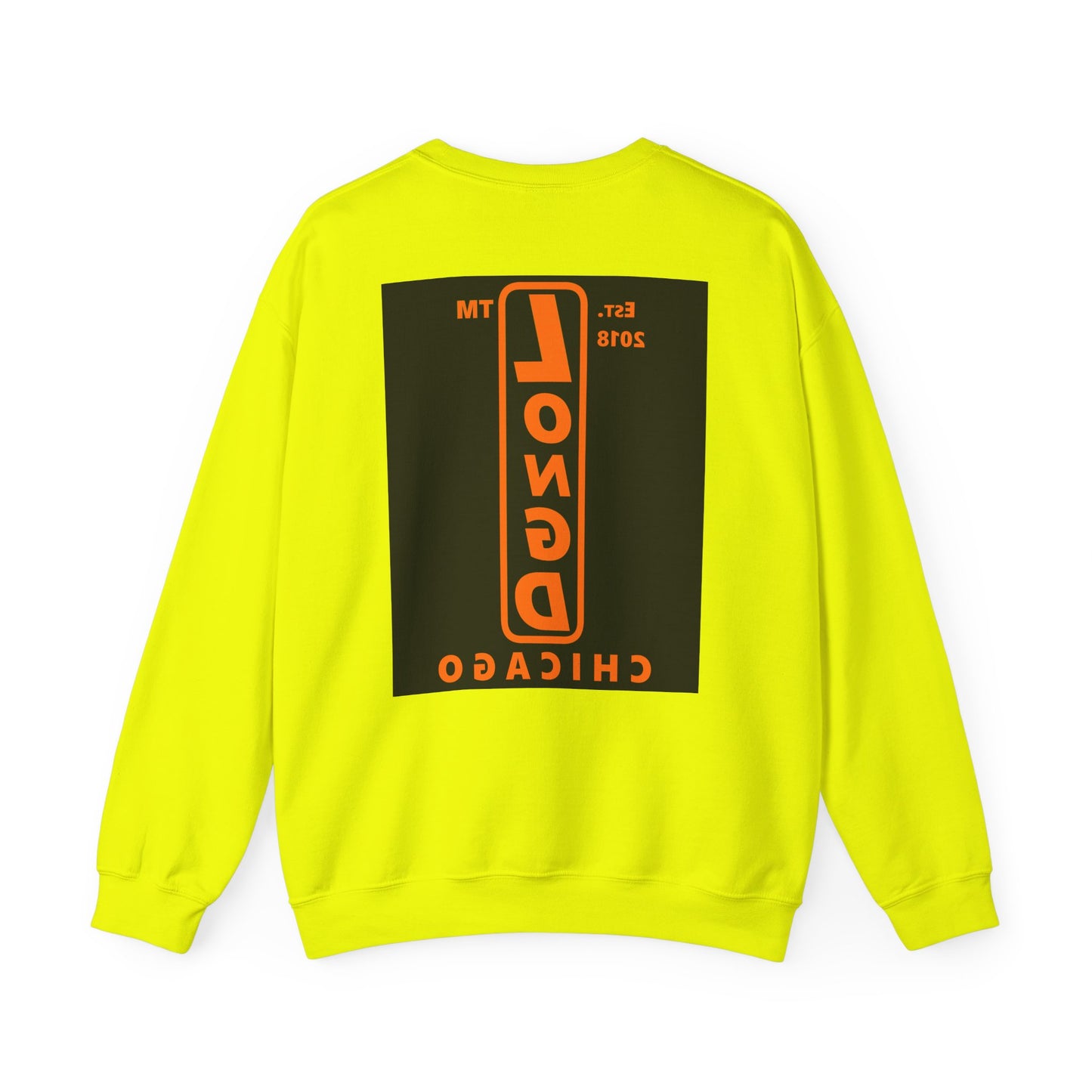 LongD Chicago upright front-back logo orange (FE7518) on Black (000000) crewneck sweatshirt