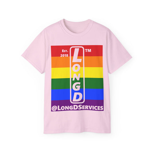 LongD Cotton Tee negative horizontal striped tag upright logo (Pride colors)