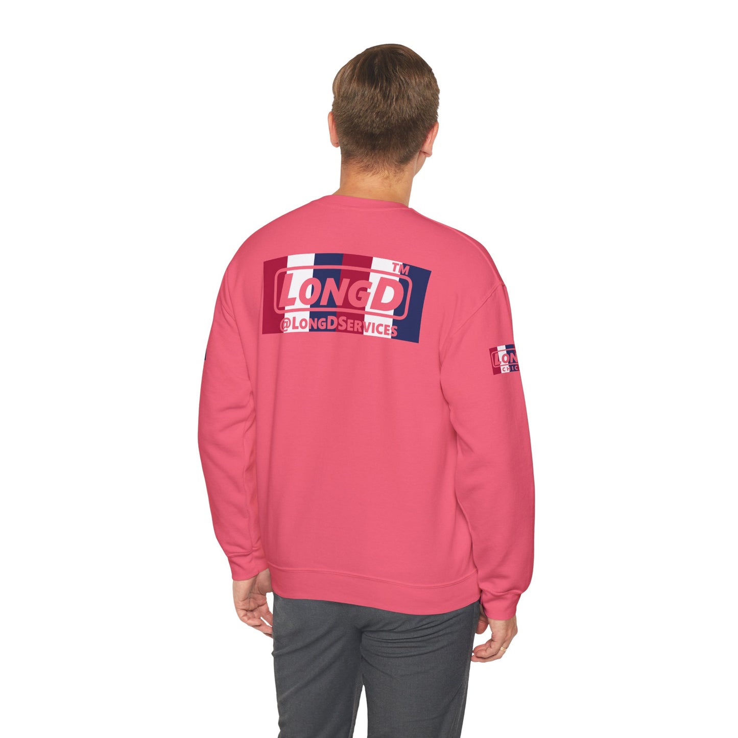 LongD negative vertical 6-striped 4-print double-breasted Chicago logo crewneck sweatshirt (patriotic colors)