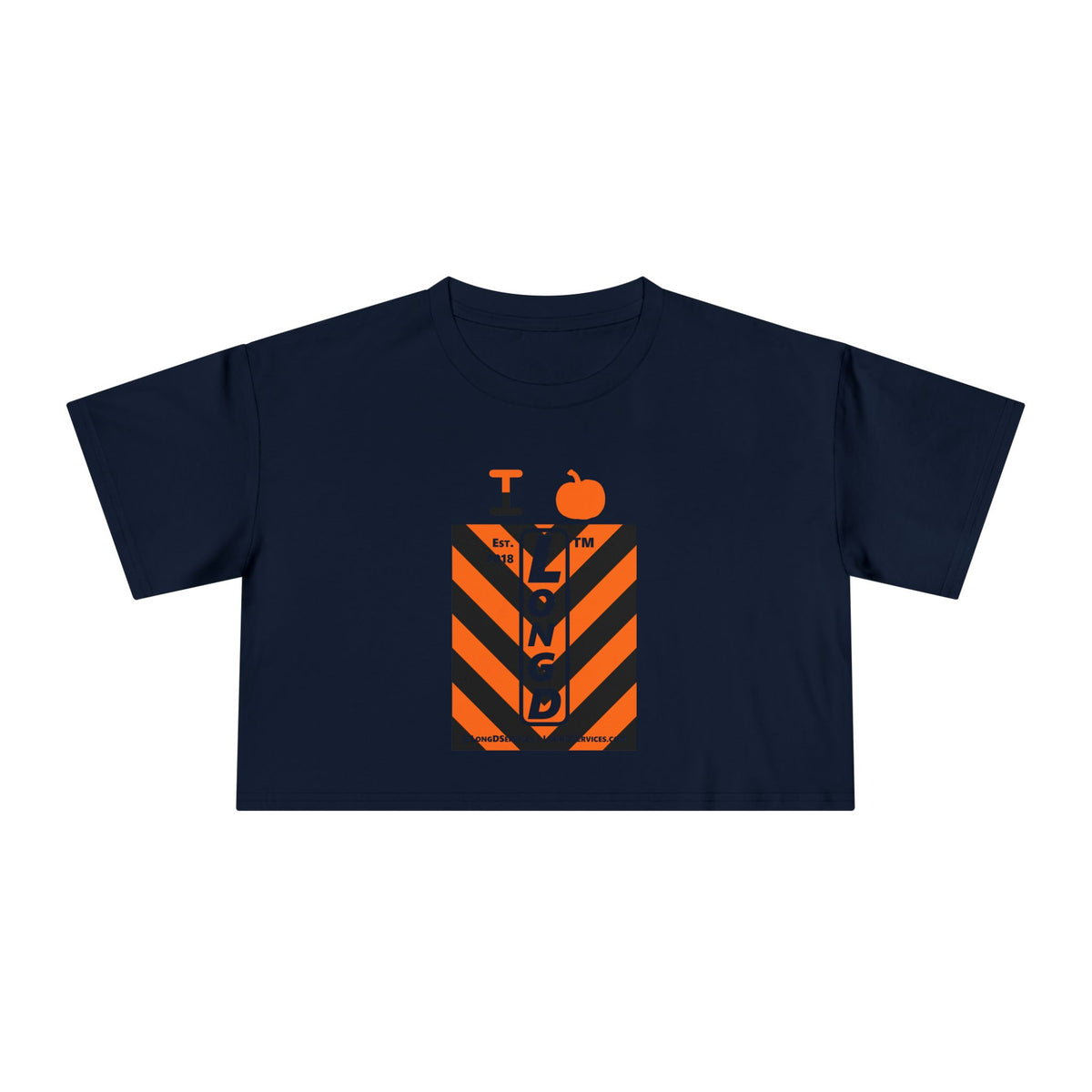 I pumpkin LongD Tag-domain negative upright downward chevron logo crop tee